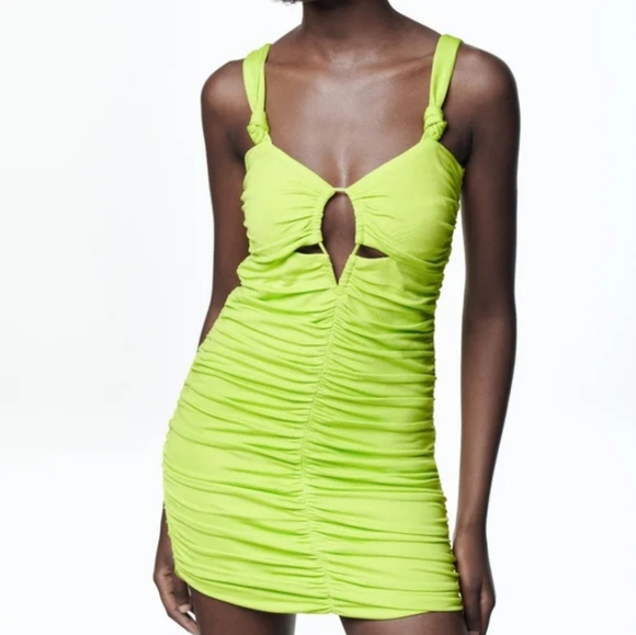 Zara Ruched Bodycon Sexy Mini Dress Cutout Neon Green Club Summer Size Small - Picture 1 of 10